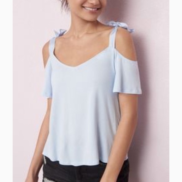 Garage Tops - Light Blue Tie Sleeve Cold Shoulder Top